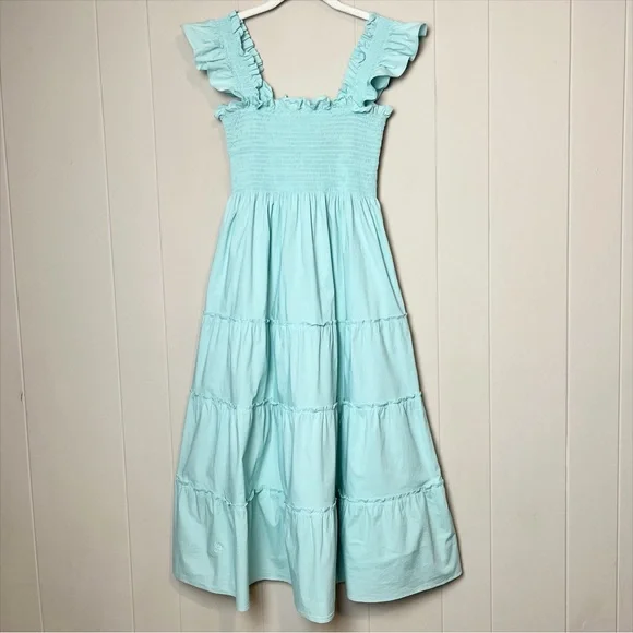 Hill House Home Ellie Nap Dress XS Bay Blue poplin stretch cotton ruffle midi - Picture 2 of 11